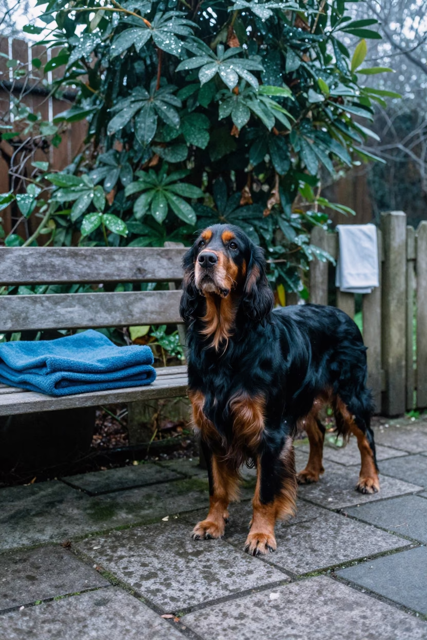 Gordon Setter in Nanchang Garden Morning Light in near a garden edge with soft morning light and an uncluttered background in Nanchang