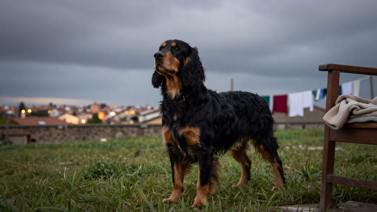 Gordon Setter in Valladolid Yard at Dusk in in a small yard with clipped grass, calm light, and the animal centered in frame in Valladolid