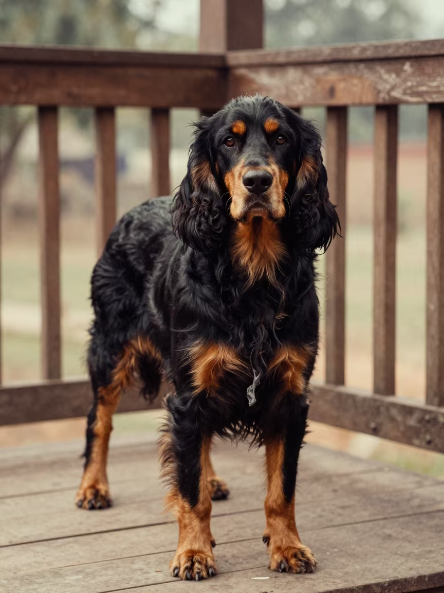 Gordon Setter on Shaded Muzaffarpur Porch in on a shaded front porch with boards, railings, and eye-level framing in Muzaffarpur