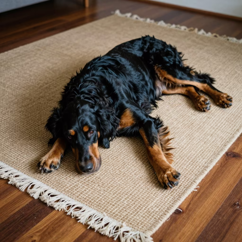 Gordon Setter on Woven Rug in Recife Home in on a woven rug beside a low couch and an uncluttered wall in Recife