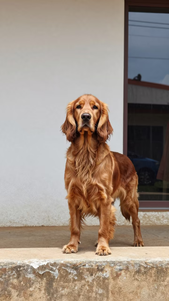 Gordon Setter Portrait in Chingila Courtyard in beside a plain courtyard wall in clear daylight with the animal at eye level near Chingola
