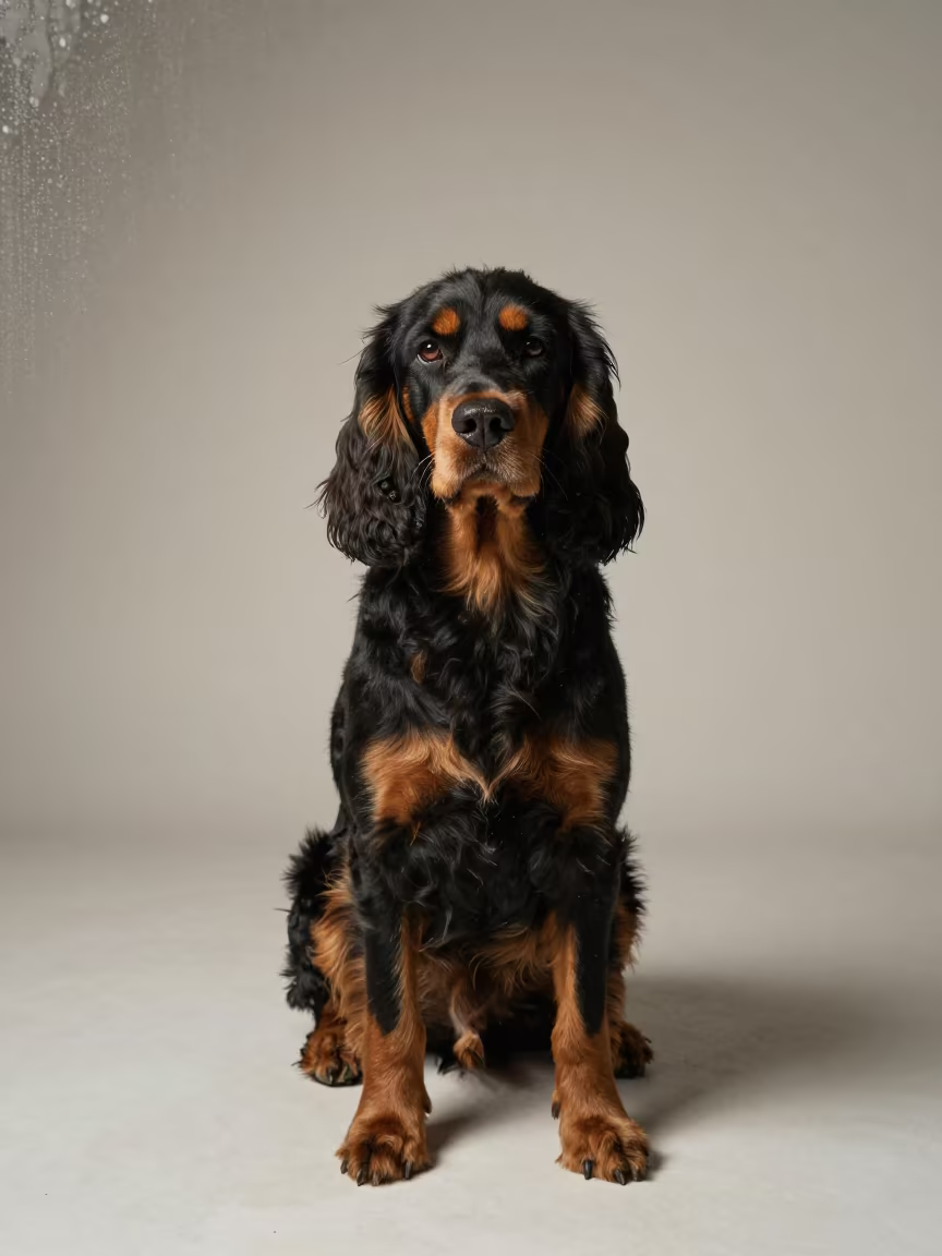 Gordon Setter Portrait in Zonguldak Studio in in a quiet portrait studio with a plain backdrop and eye-level framing in Zonguldak