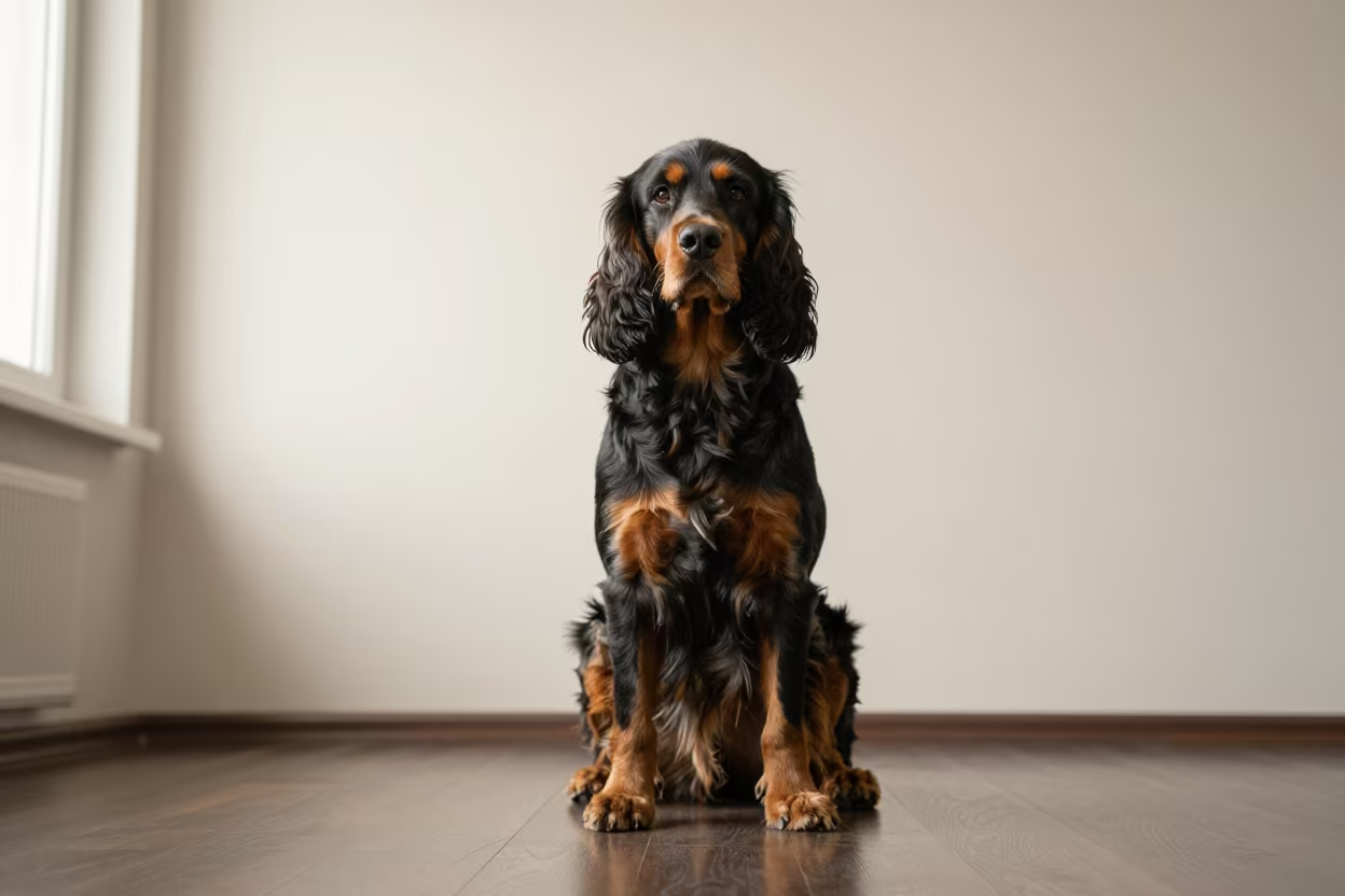 Gordon Setter Portrait Near Harbin in beside a plain plaster wall in soft indoor light with the animal centered in frame near Harbin