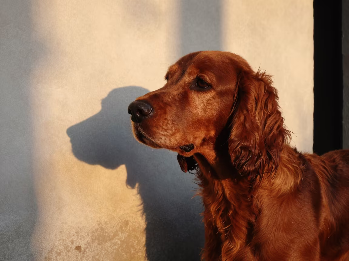 Gordon Setter Portrait Near Valledupar in beside a plain plaster wall in soft indoor light with the animal centered in frame near Valledupar