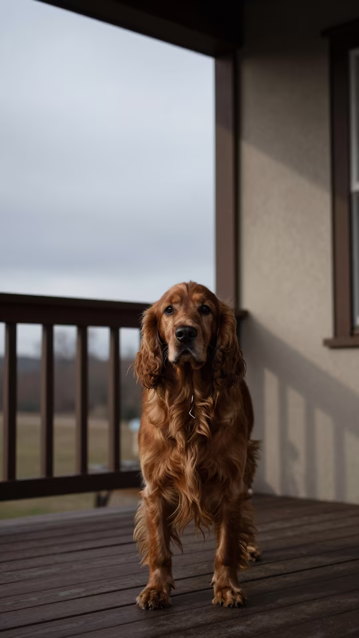 Gordon Setter Portrait on Belgrade Porch in on a shaded front porch with boards, railings, and eye-level framing near Belgrade