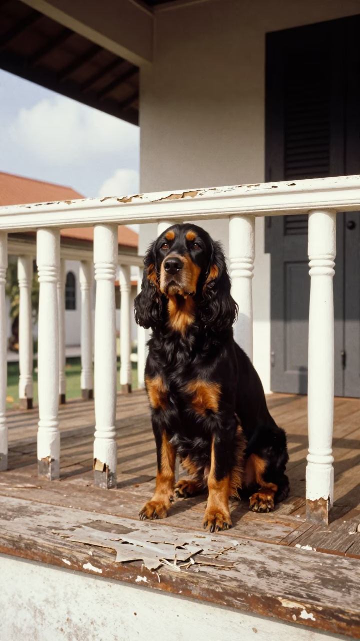 Gordon Setter Portrait on Malacca Porch in on a shaded front porch with boards, railings, and eye-level framing in Malacca