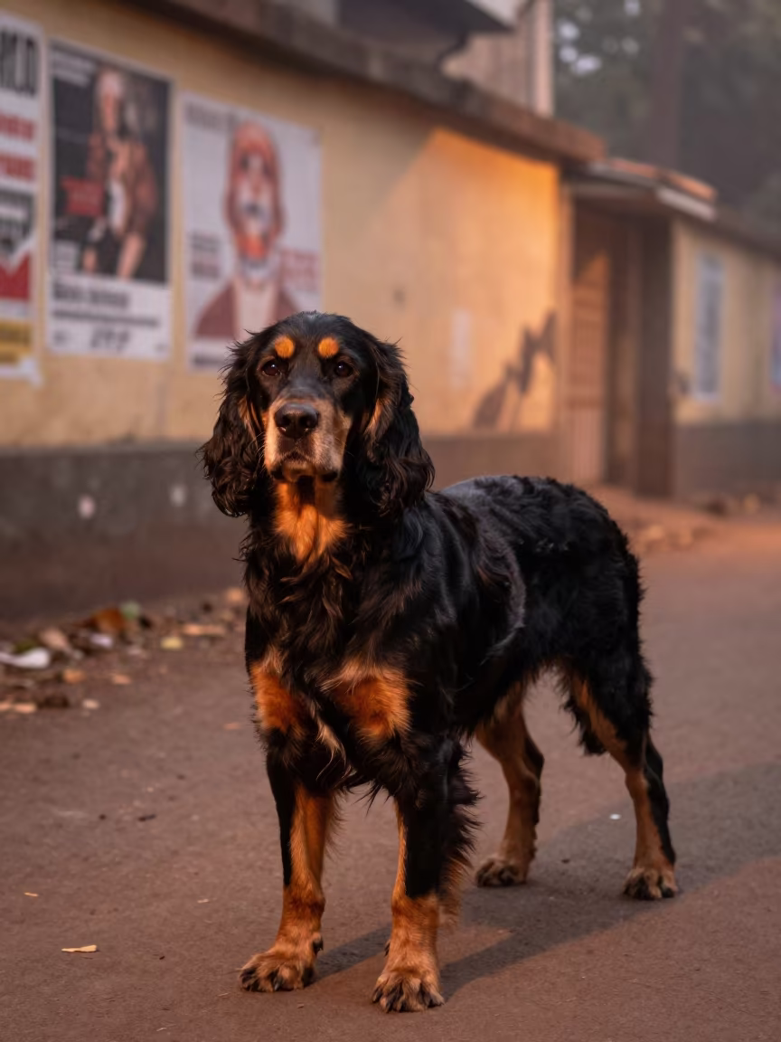 Gordon Setter Portrait on Quiet Mumbai Path in along a quiet park path with soft open shade and a clean background near Crawford Market, Mumbai