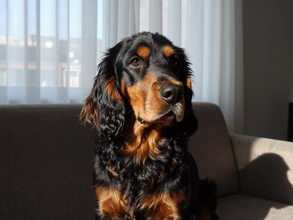 Gordon Setter Portrait on Sofa Near Window in on a sofa near a curtained window with calm indoor light in Antwerp