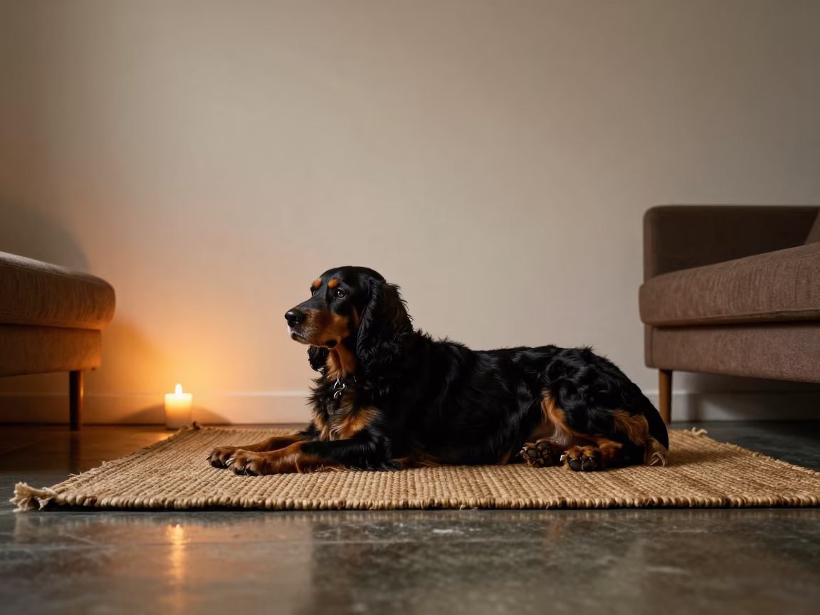 Gordon Setter Resting in Warm Candlelight in on a woven rug beside a low couch and an uncluttered wall in Kreuzberg, Berlin