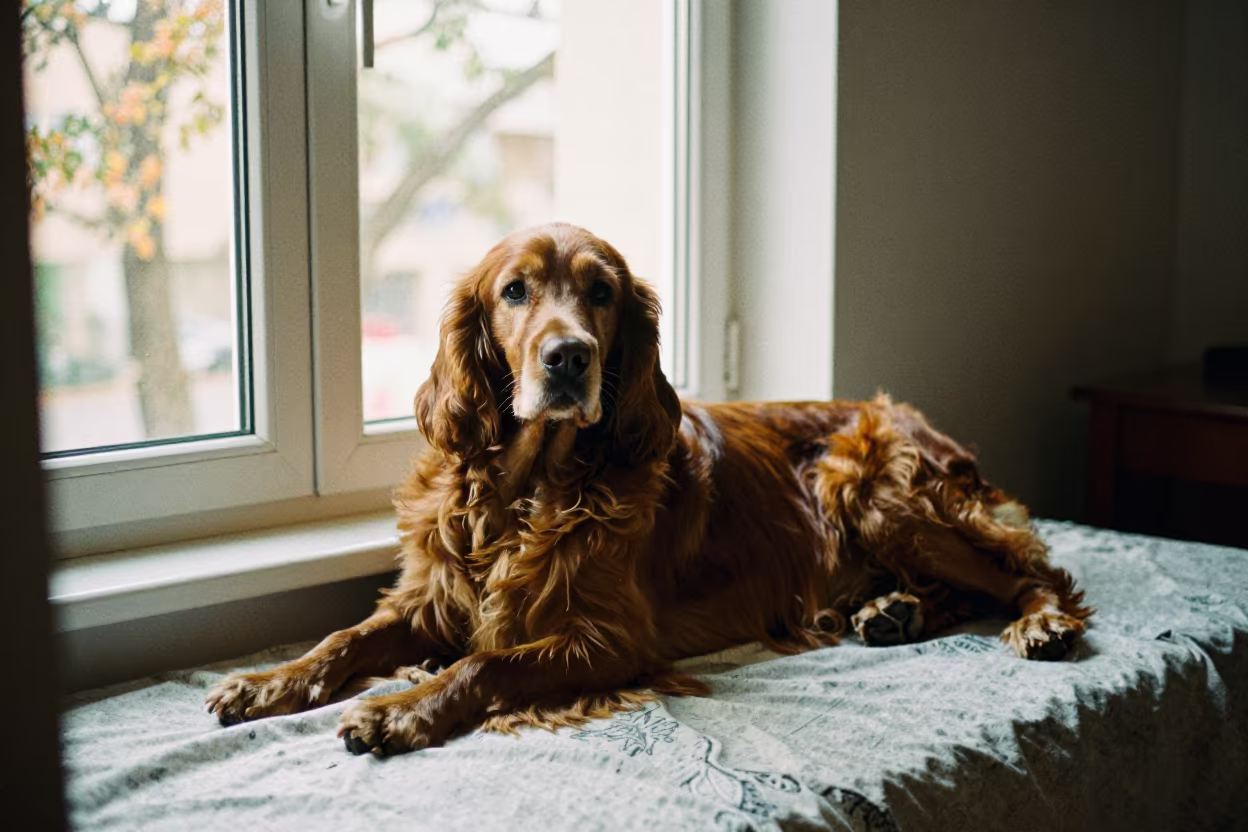 Gordon Setter Resting on Baghdad Bedspread in on a bedspread near a bright window with calm indoor light in Baghdad