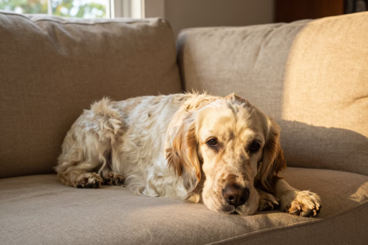 Gordon Setter Resting on Linen Sofa in Evening Light in on a linen sofa with daylight from a nearby window in Rotterdam