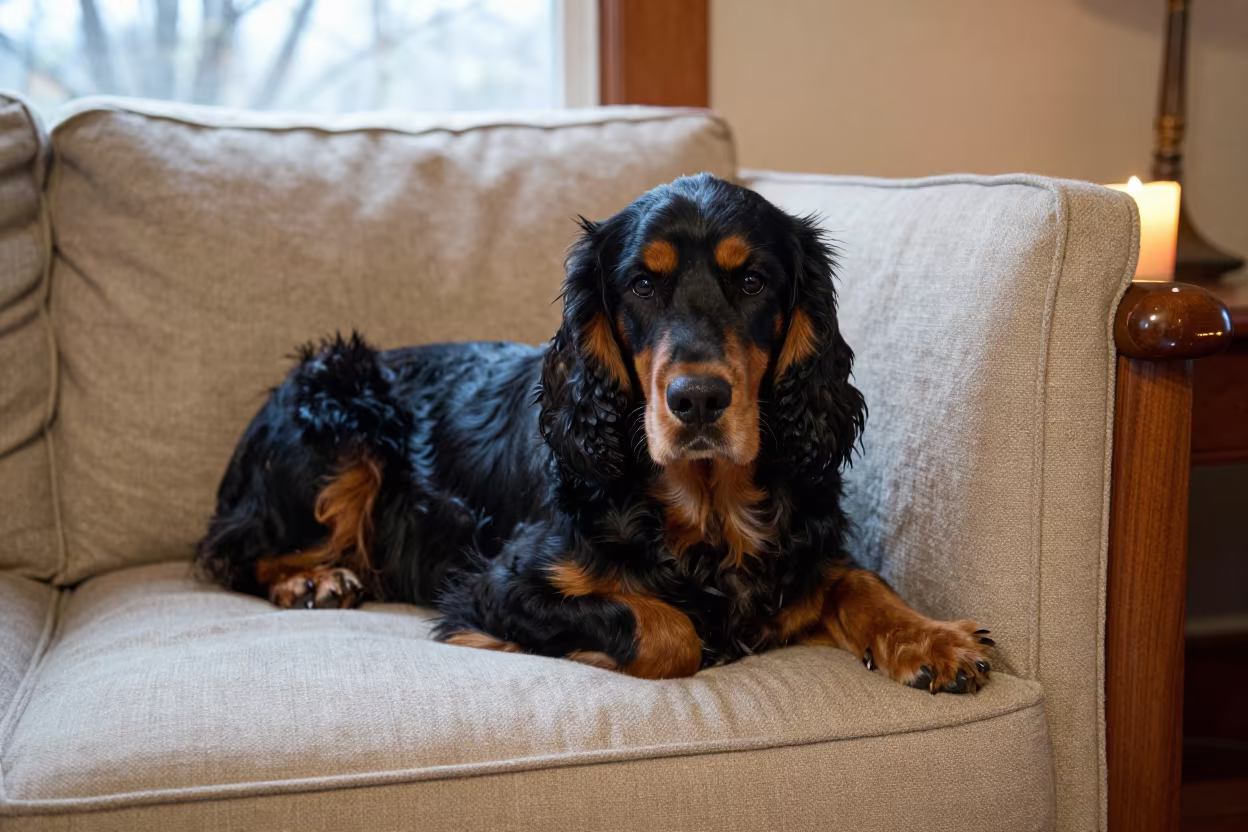 Gordon Setter Resting on Linen Sofa in on a linen sofa with daylight from a nearby window in Napa