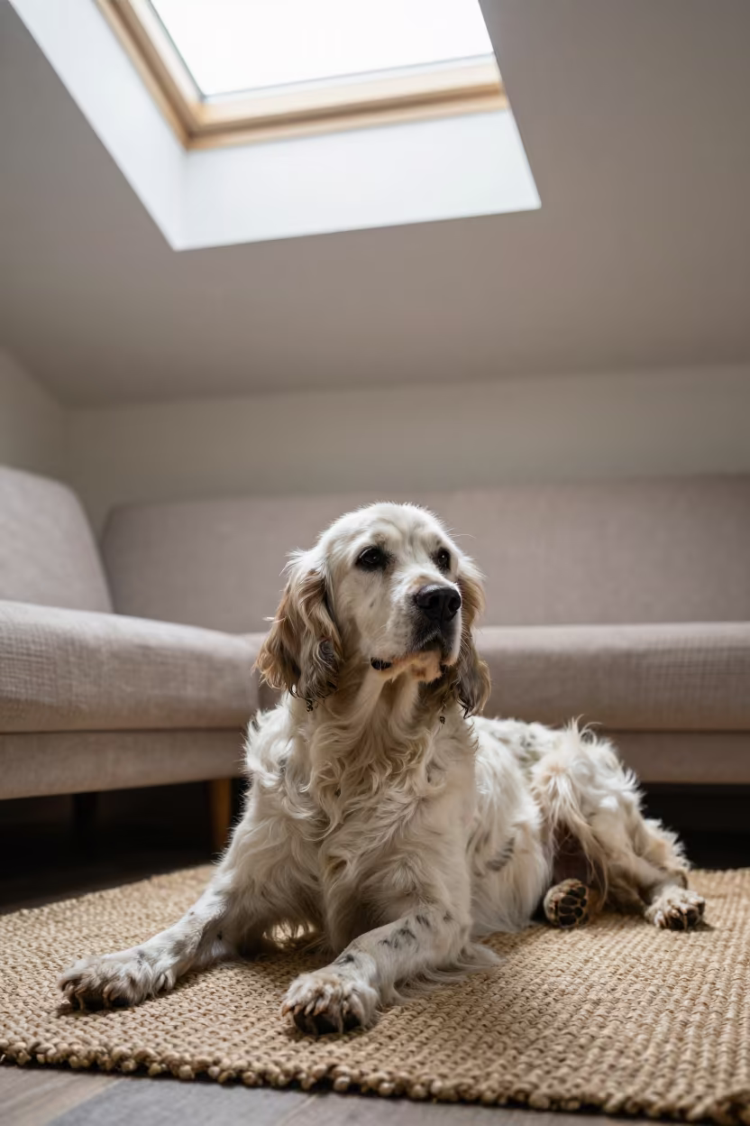 Gordon Setter Resting on Woven Rug Lahore Home in on a woven rug beside a low couch and an uncluttered wall near Lahore
