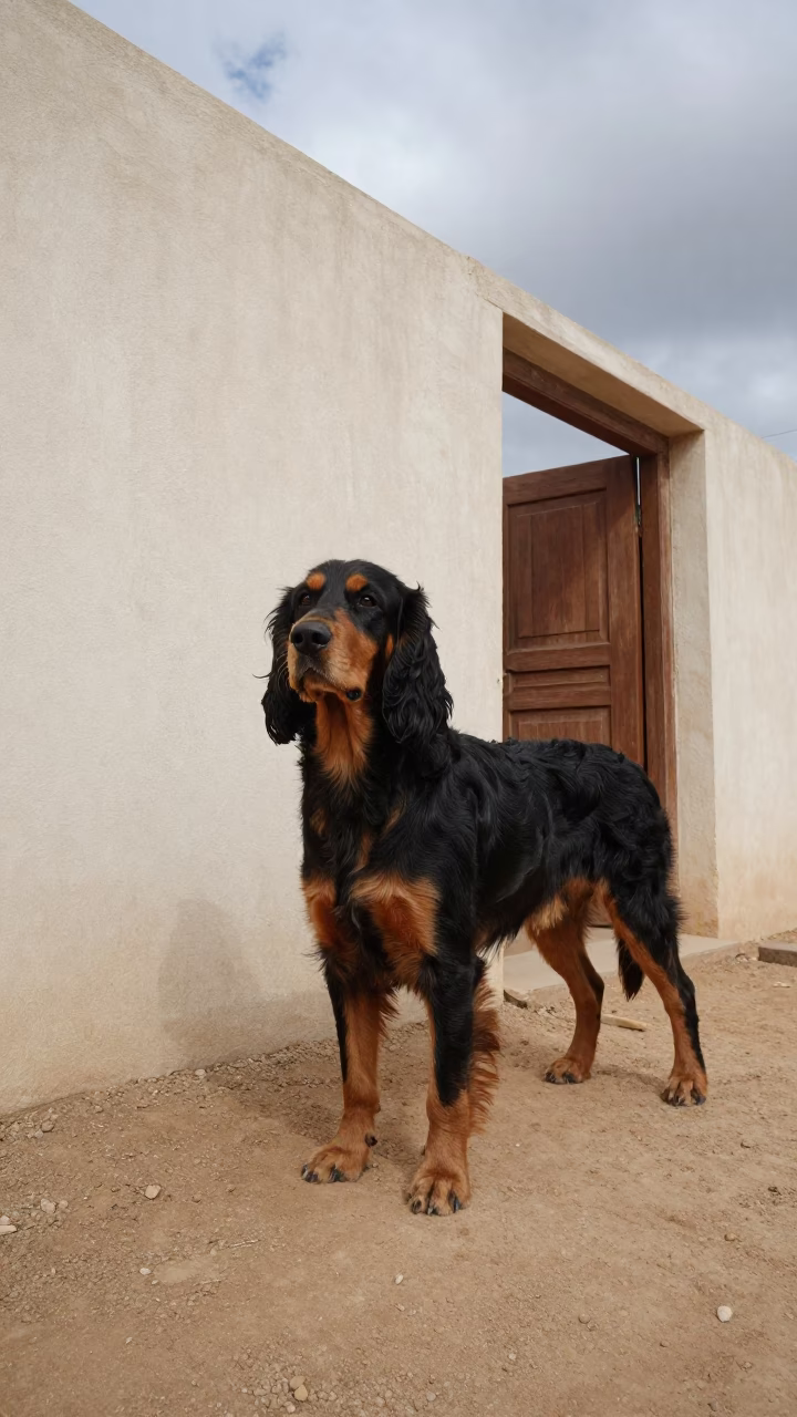Gordon Setter Standing Beside Courtyard Wall in beside a plain courtyard wall in clear daylight with the animal at eye level near Sangalkam