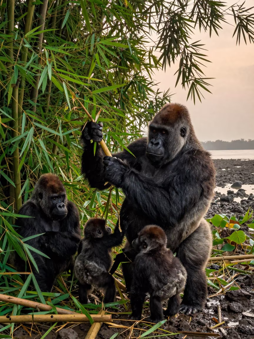 Gorilla Family Foraging in Monsoon Bamboo in beside a tidal inlet near Jakarta