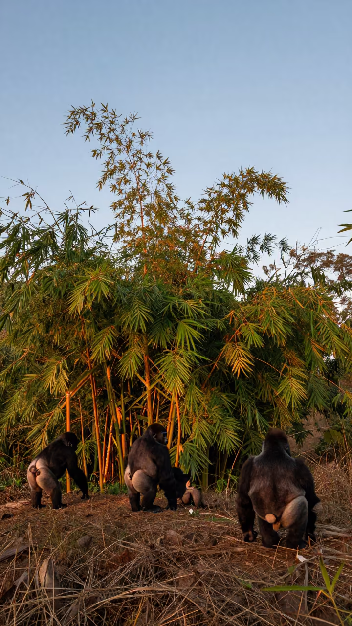 Gorilla Family Foraging in Queensland Bamboo Ridge in on a wind-scoured ridge in Queensland