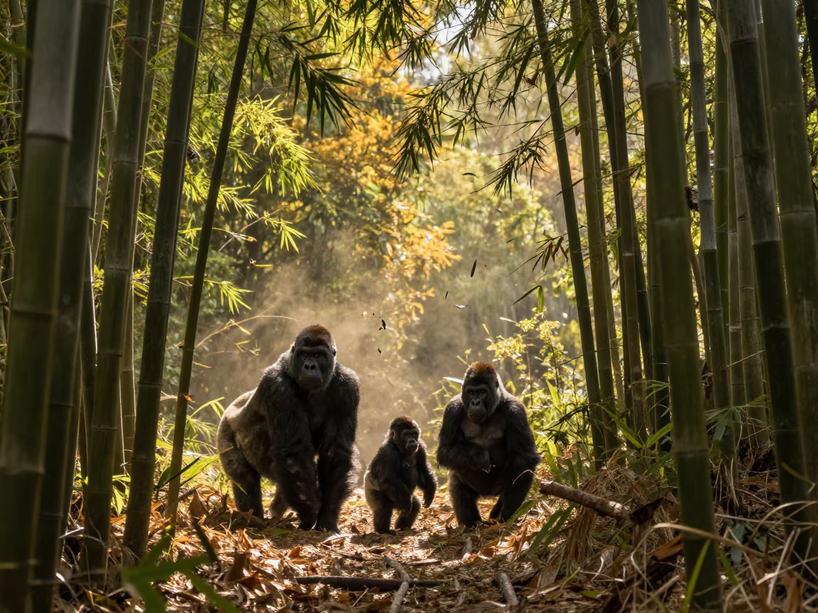 Gorillas Frozen in Midfall Bamboo Shadows in along a game trail in Madagascar