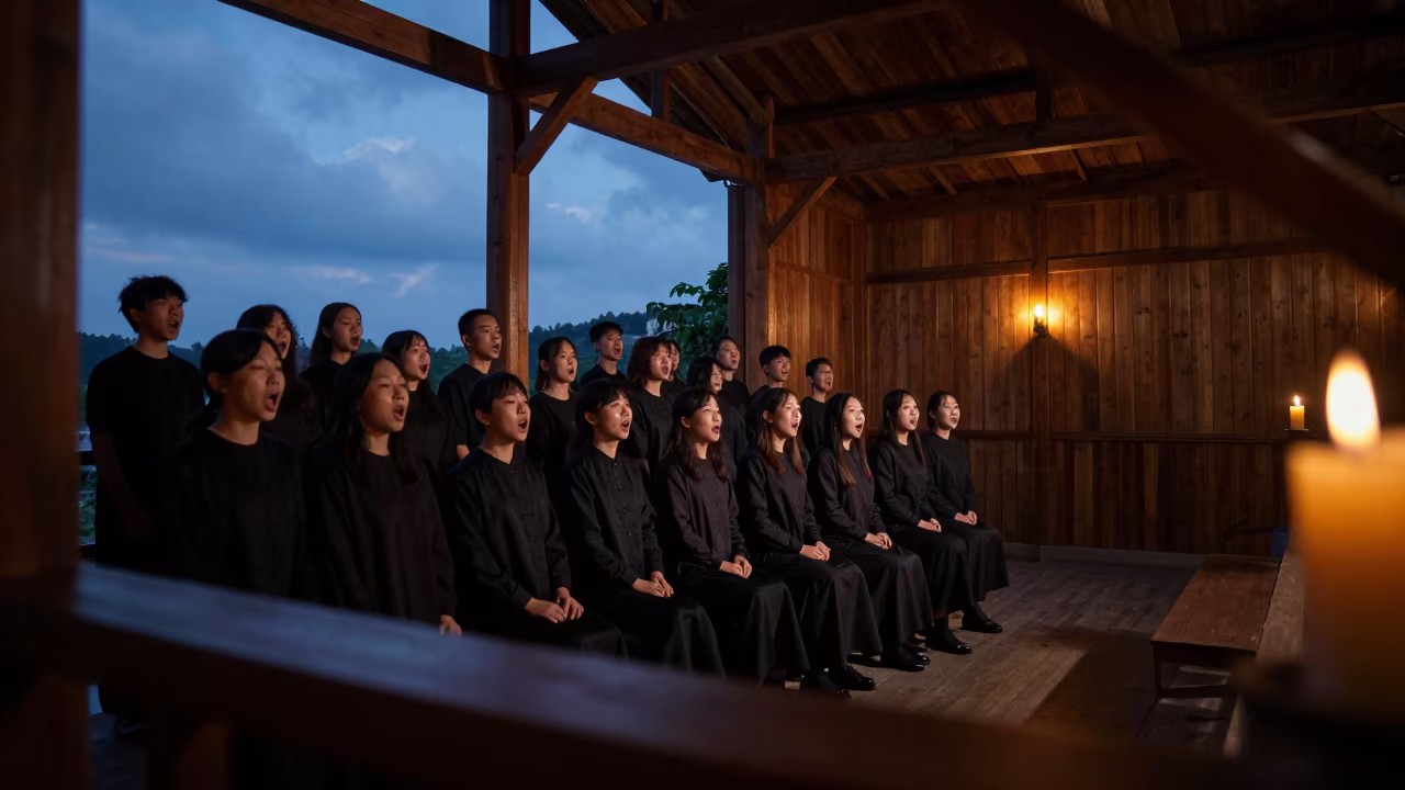 Gospel Choir Singing in Candlelit Changsha Rehearsal in in a rehearsal room in Changsha