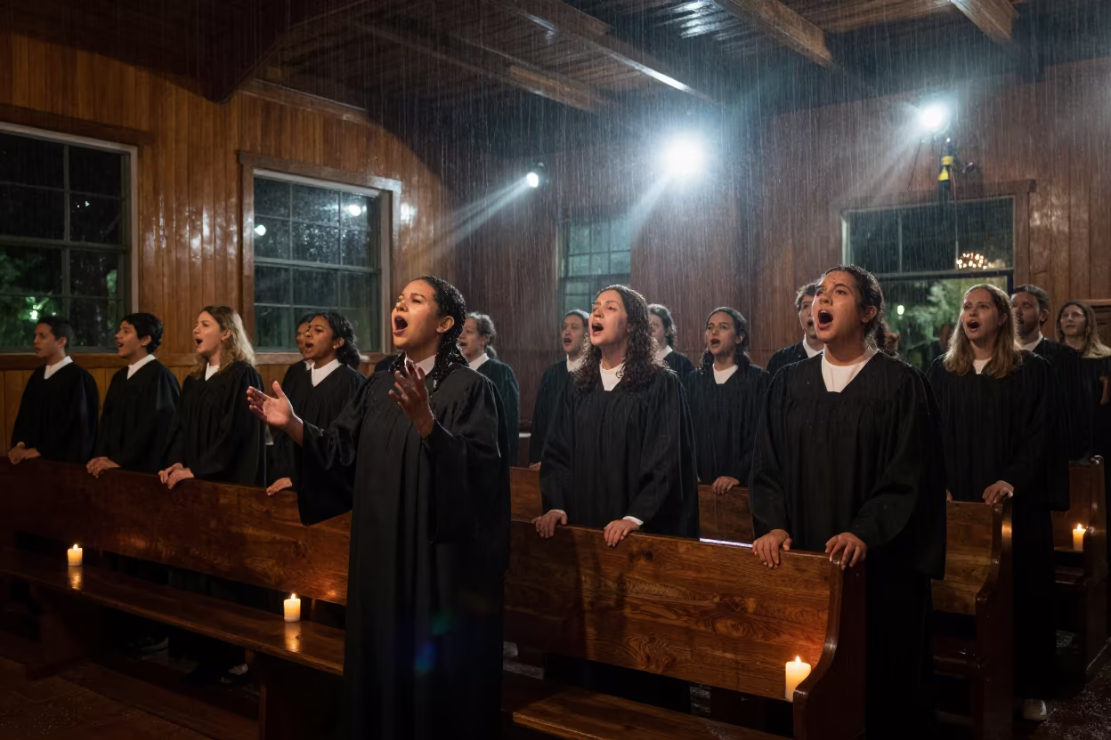 Gospel Choir Singing in Candlelit Machala Hall in in a concert hall in Machala