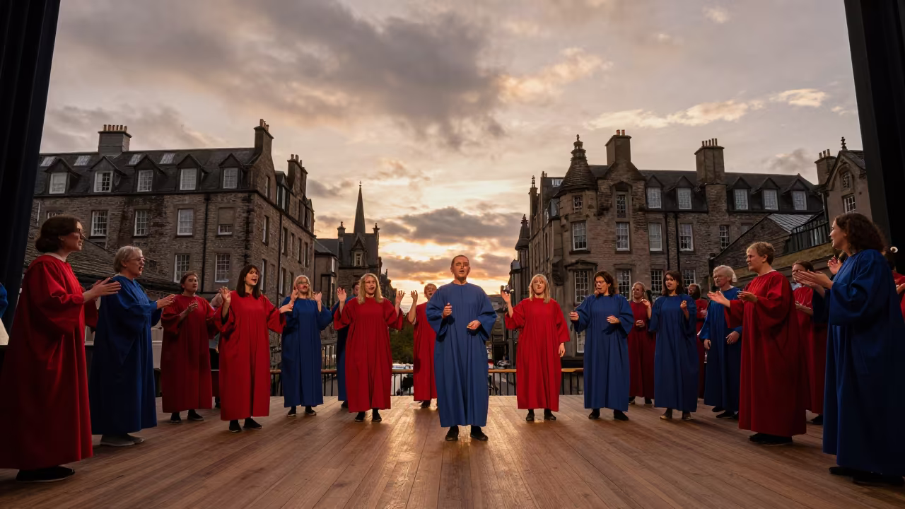 Gospel Choir Swaying on Edinburgh Stage at Sunset in on a theater stage in Grassmarket, Edinburgh