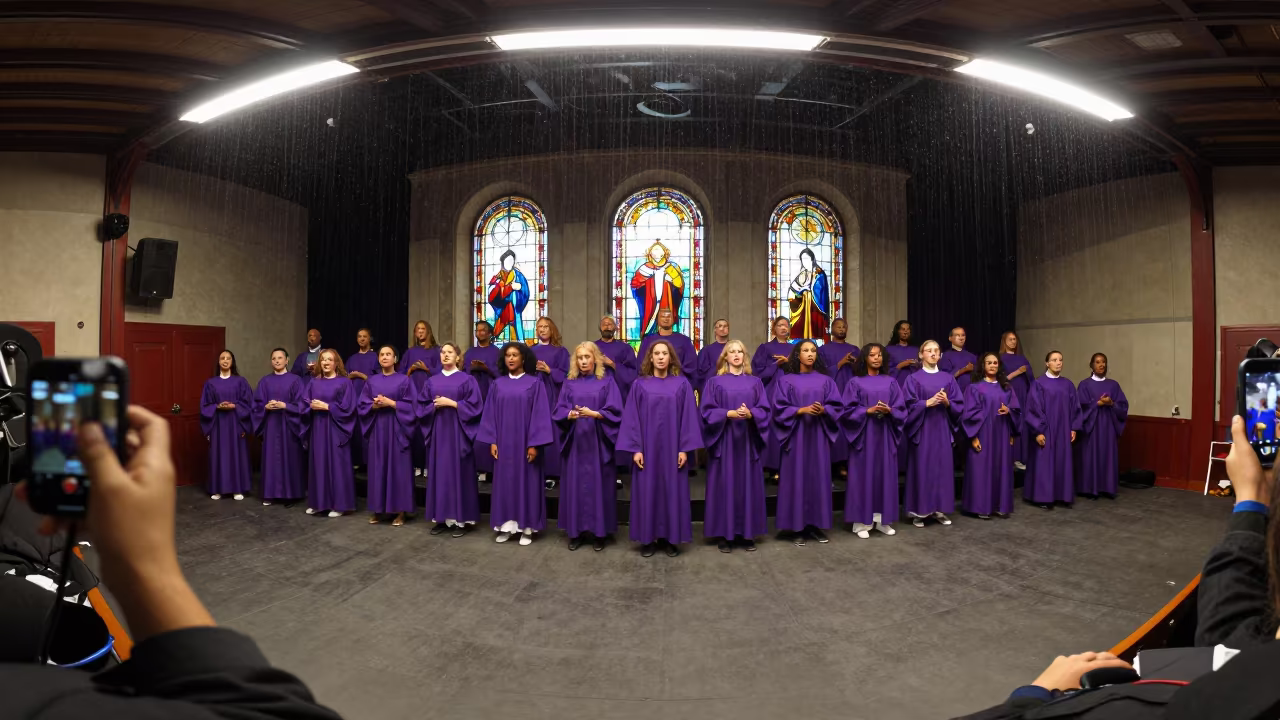 Gospel Choir Swaying in Purple Robes in on a theater stage in Constantine