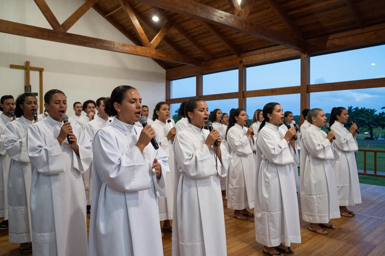 Gospel Choir in White Robes Under Evening Indigo Light in in a rehearsal room in Florianopolis