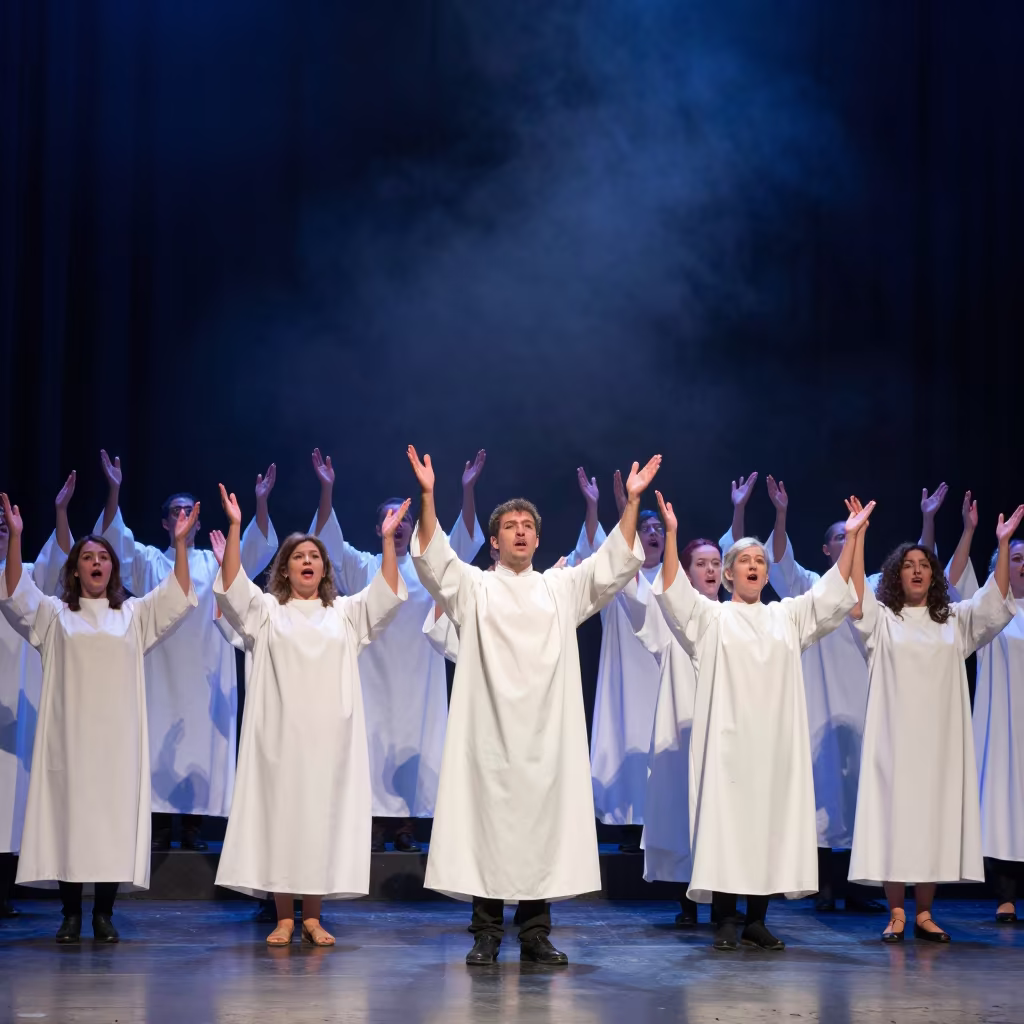 Gospel Choir in White Robes at Twilight in in a concert hall in Punta del Este