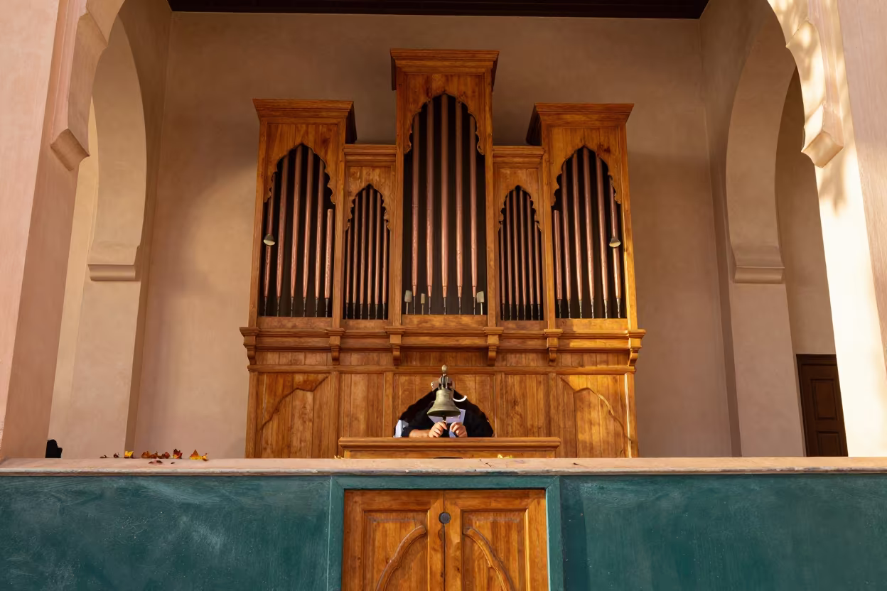 Gospel Organist in Copper Light on Marrakesh Display in on a painted display ledge in Marrakesh