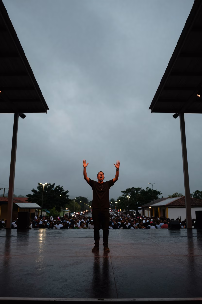 Gospel Singer on Stage Before Dawn in Valledupar in on a theater stage in Valledupar