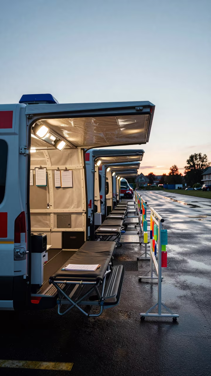 Gothenburg Ambulance Bay Triage Tent at Dusk in at an ambulance bay in Gothenburg
