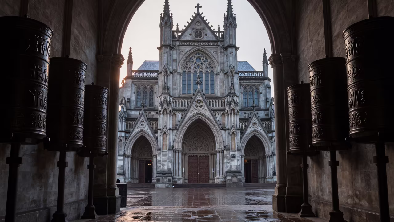 Gothic Cathedral Facade in Garoua Prayer Corridor in beside a prayer wheel corridor in Garoua