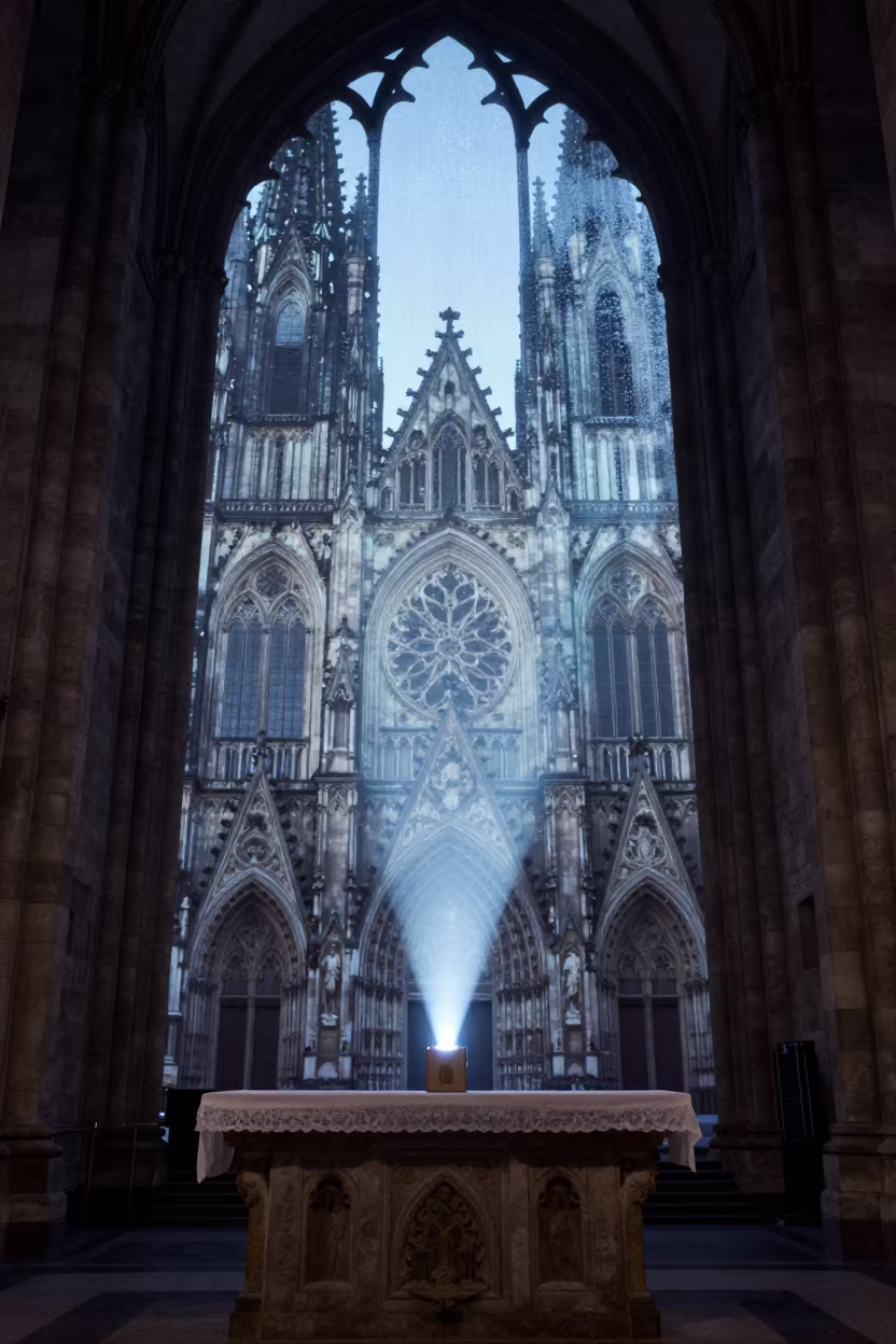 Gothic Cathedral Facade Projected on Berlin Altar in at the foot of a stone altar in Berlin