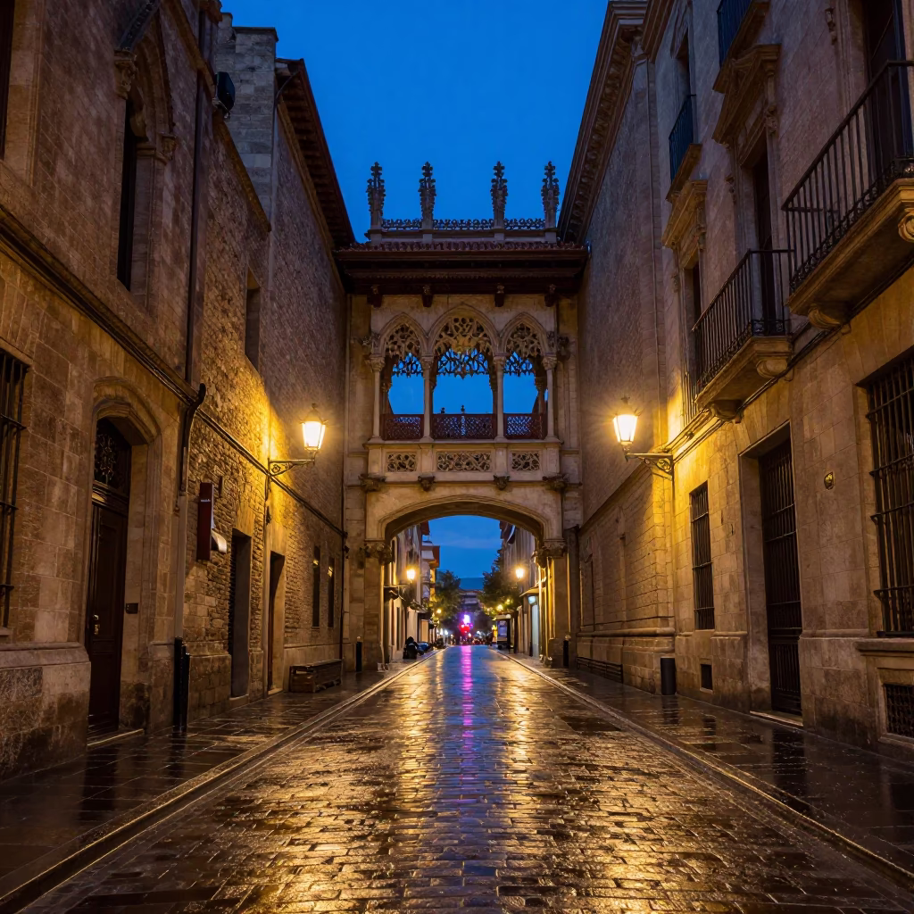 Gothic Quarter Stone Facades And Wet Cobblestone Streets in Barcelona in in Barcelona, Spain