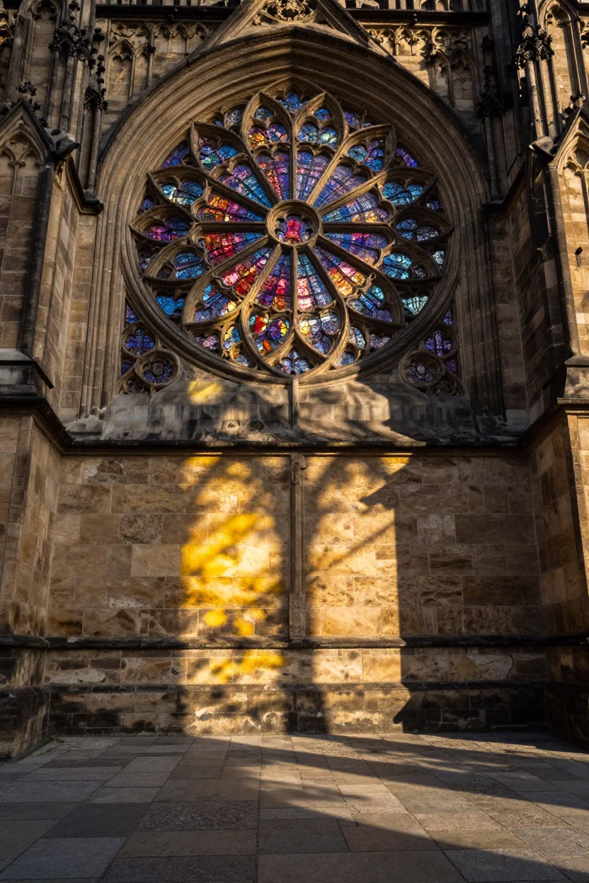 Gothic Rose Window Casts Colored Light on Stone Floor in Prague Church Early Afternoon in in Prague, Czech Republic
