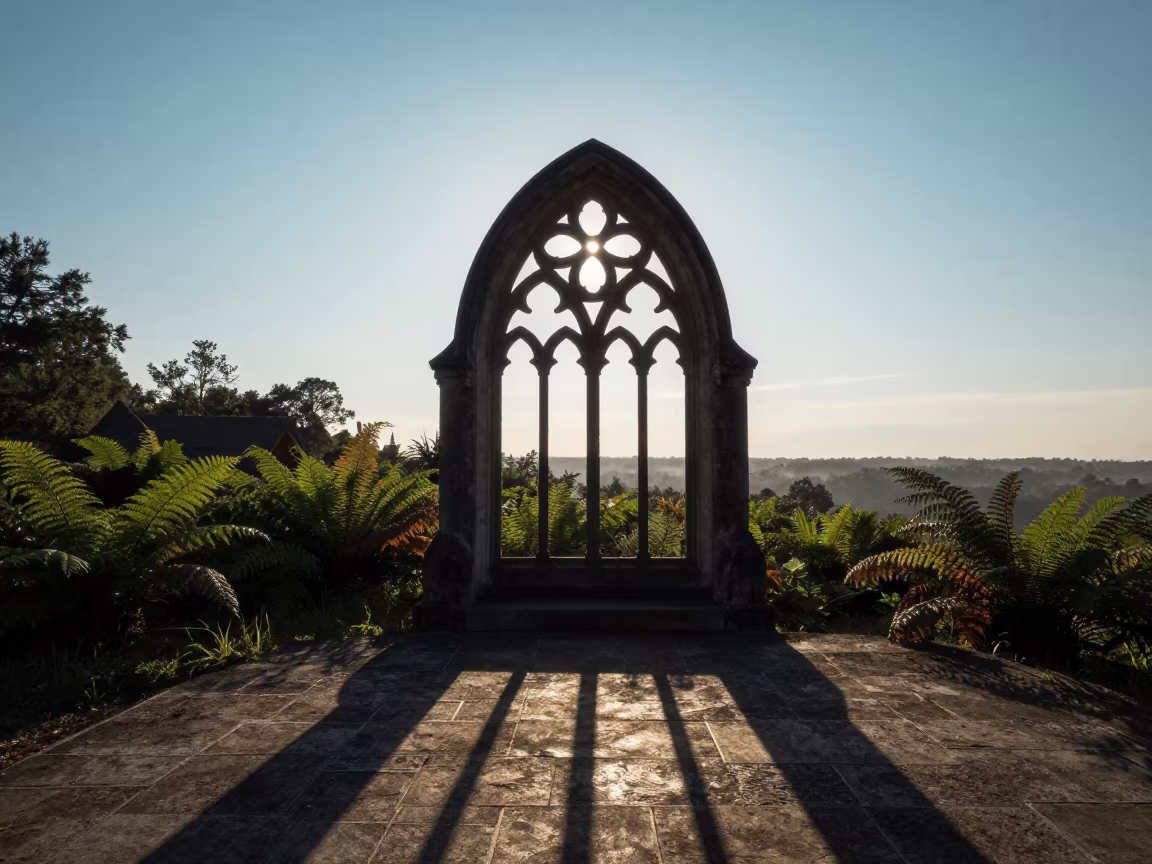 Gothic Rose Window Light on Fern Forest Floor in on a fern-lined forest floor near Luanshya