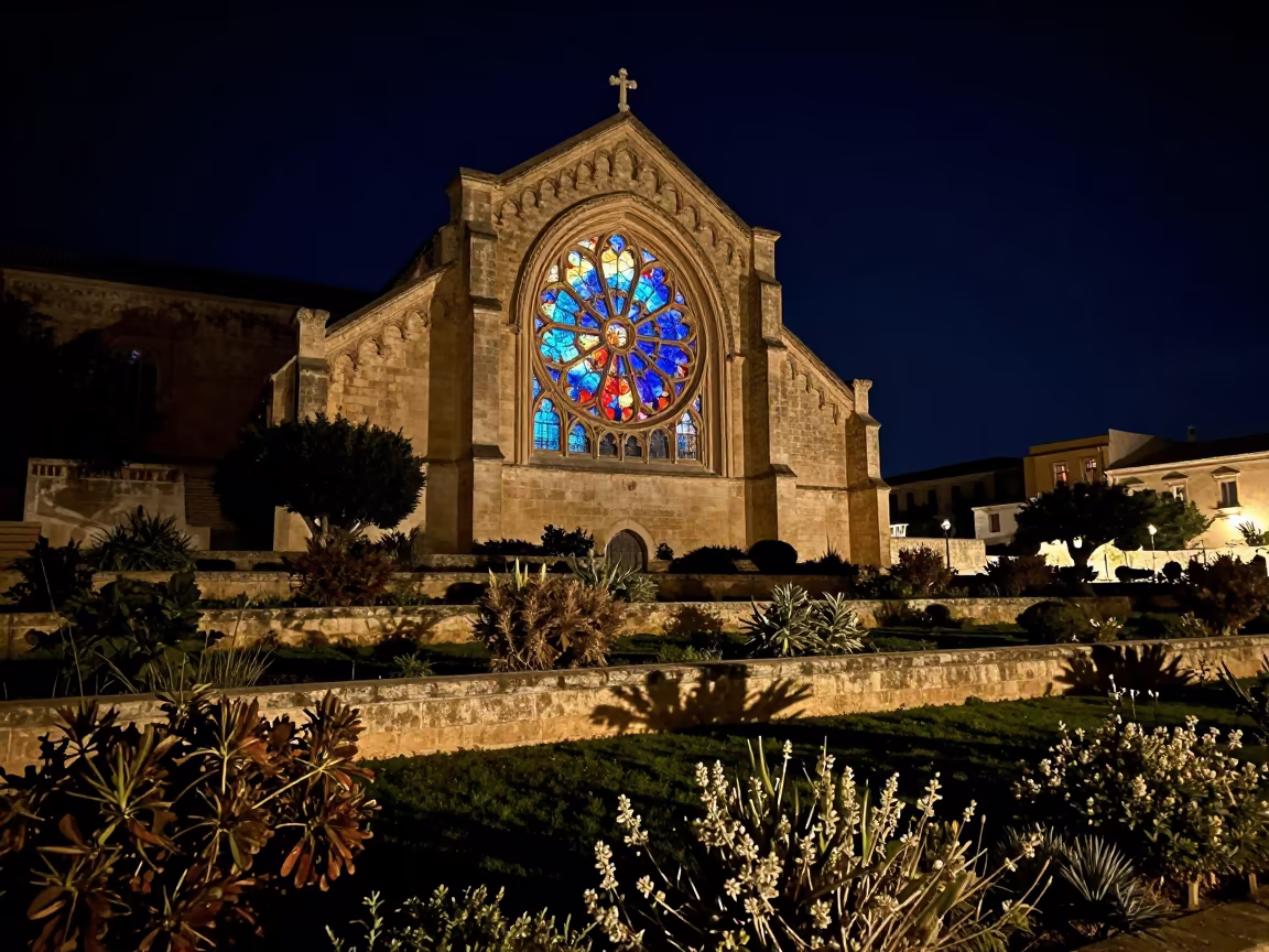 Gothic Rose Window Light on Maltese Garden Plants in among terraced garden plots in Malta