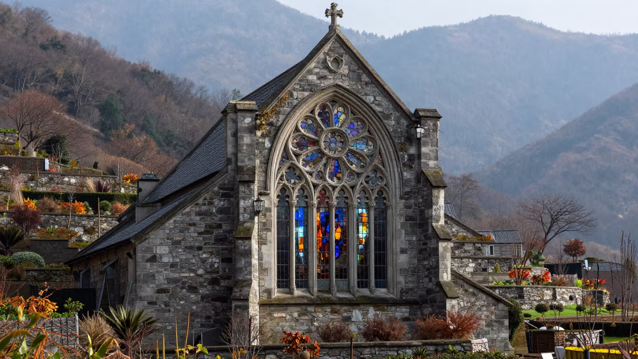 Gothic Rose Window Light on Terraced Garden Stone in among terraced garden plots near Xian