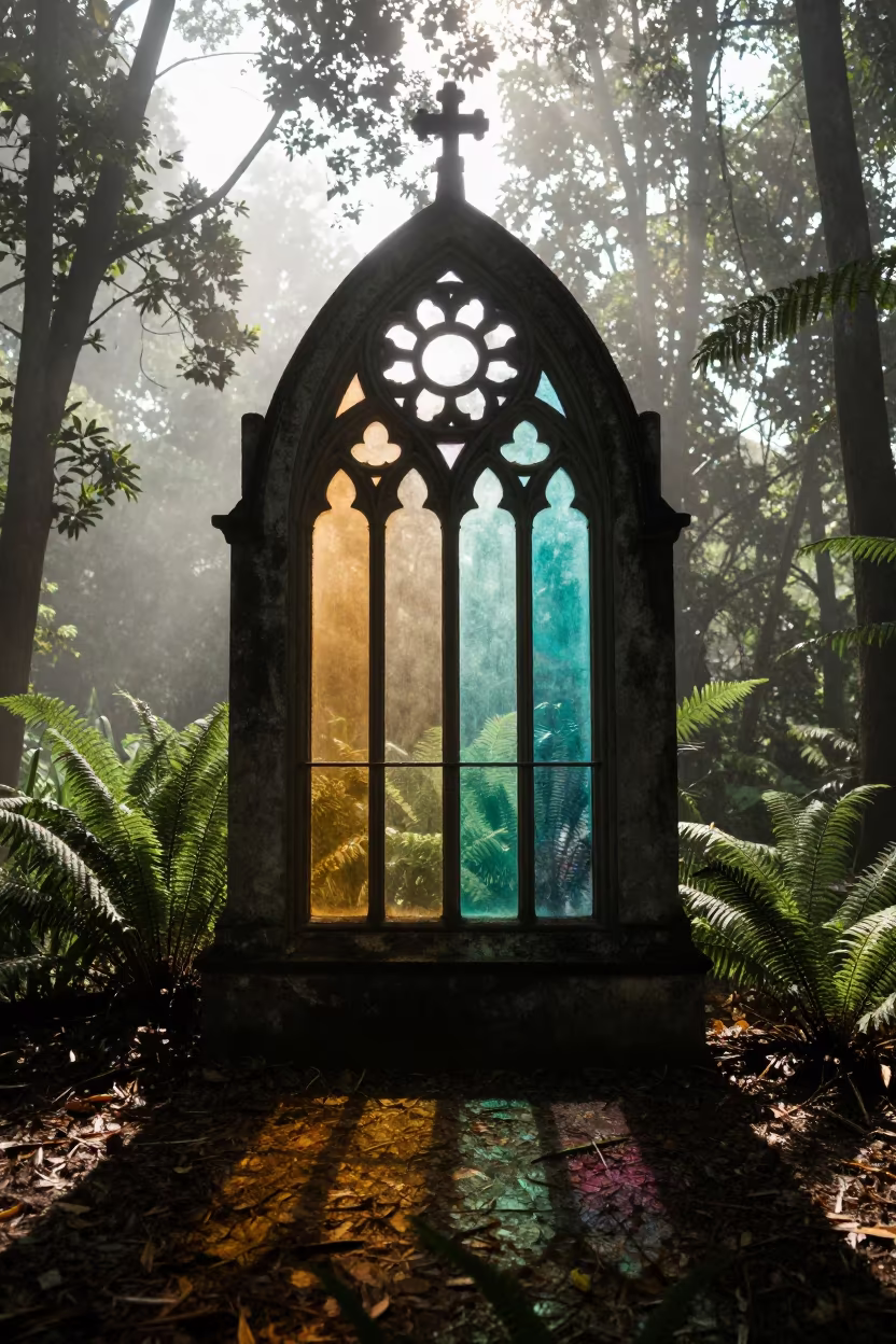 Gothic Rose Window Silhouette on Forest Floor in on a fern-lined forest floor in Equatorial Guinea