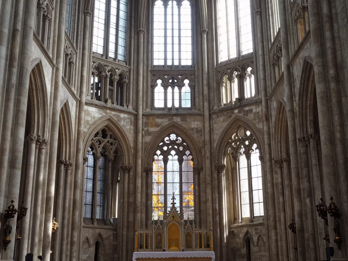 Gothic Tracery Light in Osh Cathedral Altar in at the foot of a stone altar in Osh