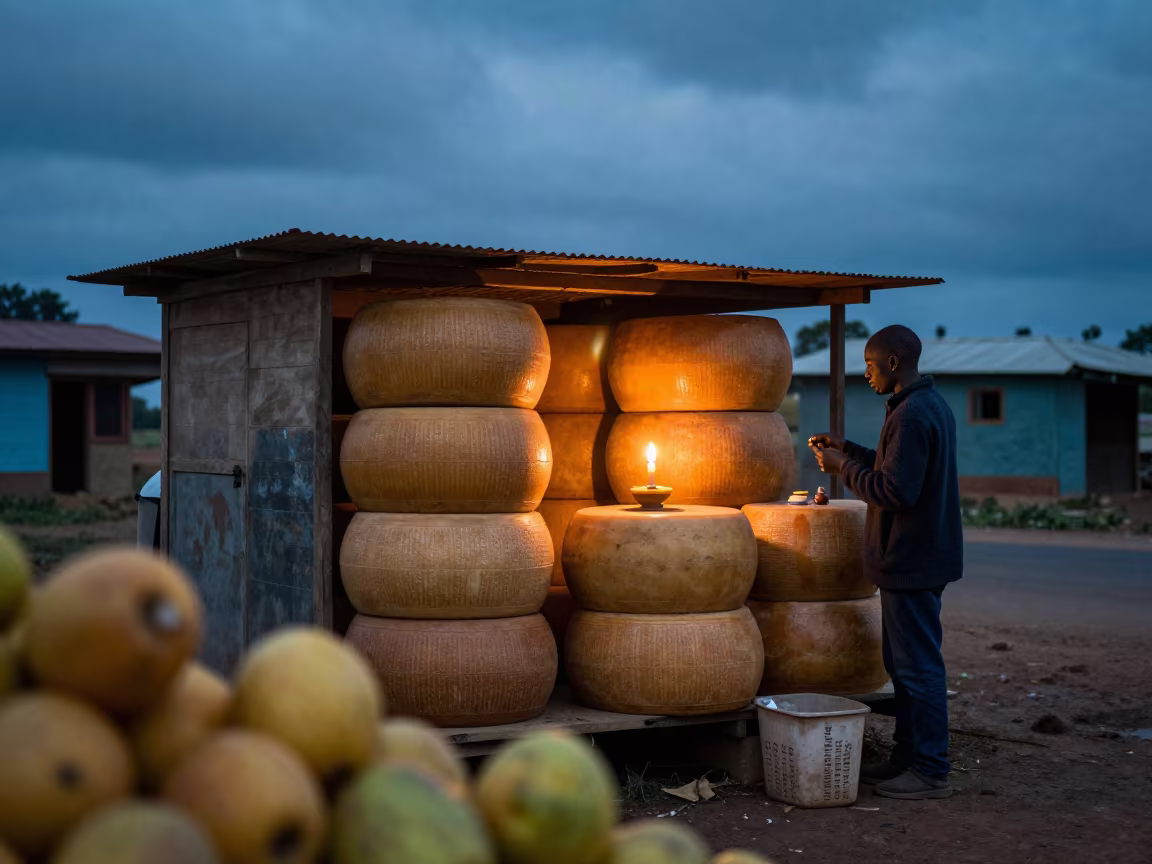 Gouda Vendor Stacks Cheese Under Tiny Houses in at a roadside fruit stand in Kahama