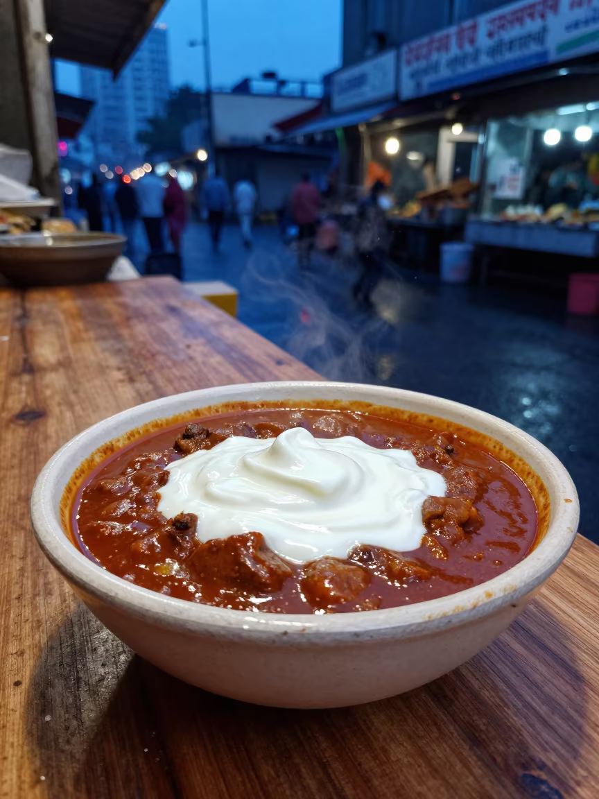 Goulash Bowl with Sour Cream at Karachi Market in at a market stall counter in Karachi