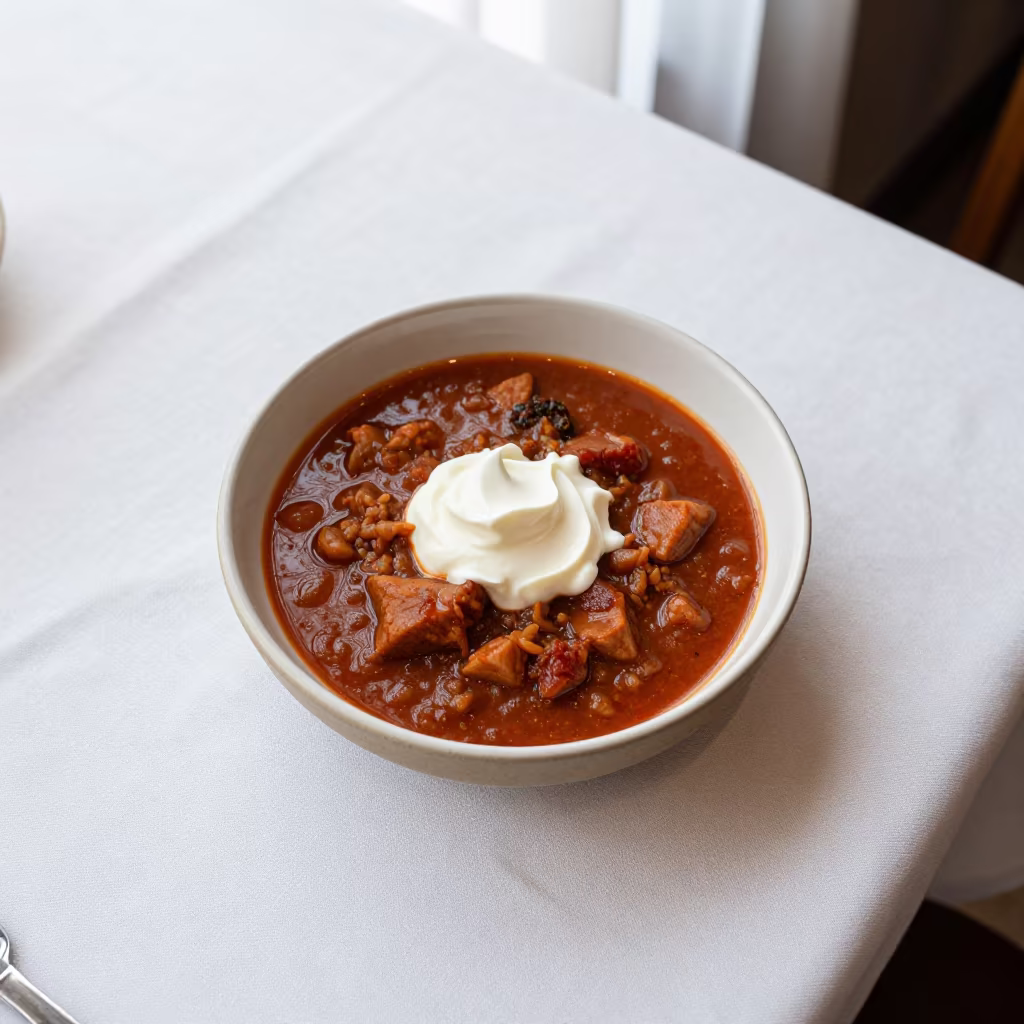 Goulash Bowl with Sour Cream on Linen Table in on a linen-covered restaurant table in Paramaribo