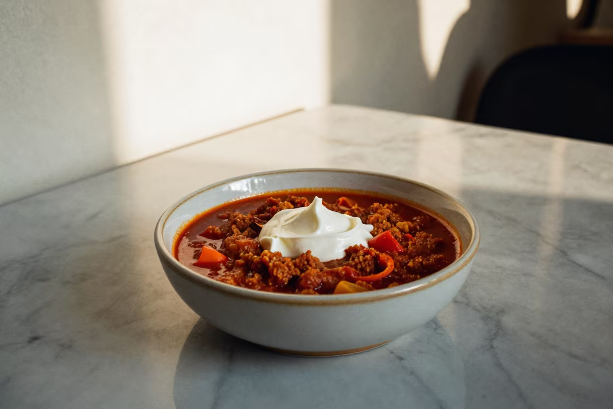 Goulash Bowl with Sour Cream on Marble Table in on a marble cafe table in Santiago de Compostela