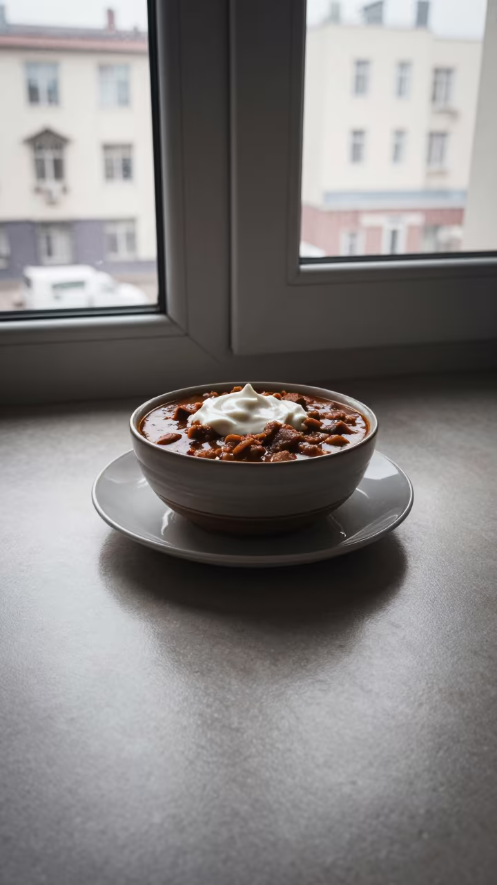 Goulash with Sour Cream by Window in on a ceramic plate by a window in Changchun