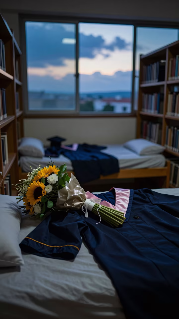 Graduation bouquet on bed in Chimbote library in inside a campus library reading room in Chimbote