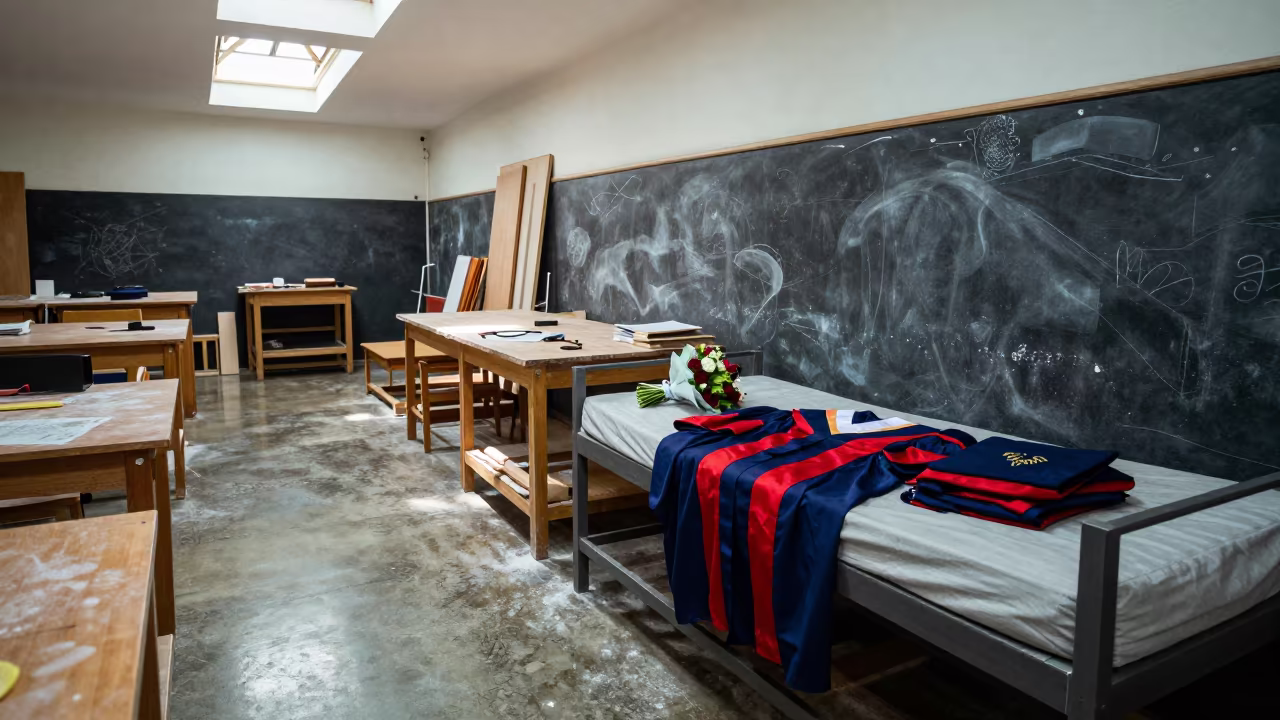 Graduation Bouquet on Dorm Bed Beside Robes in in a woodshop classroom in Kuala Lumpur
