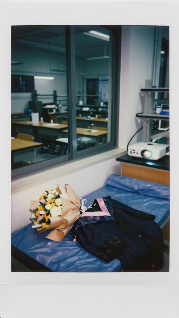 Graduation Bouquet on Dorm Bed in Lab in in a school laboratory near Hangzhou