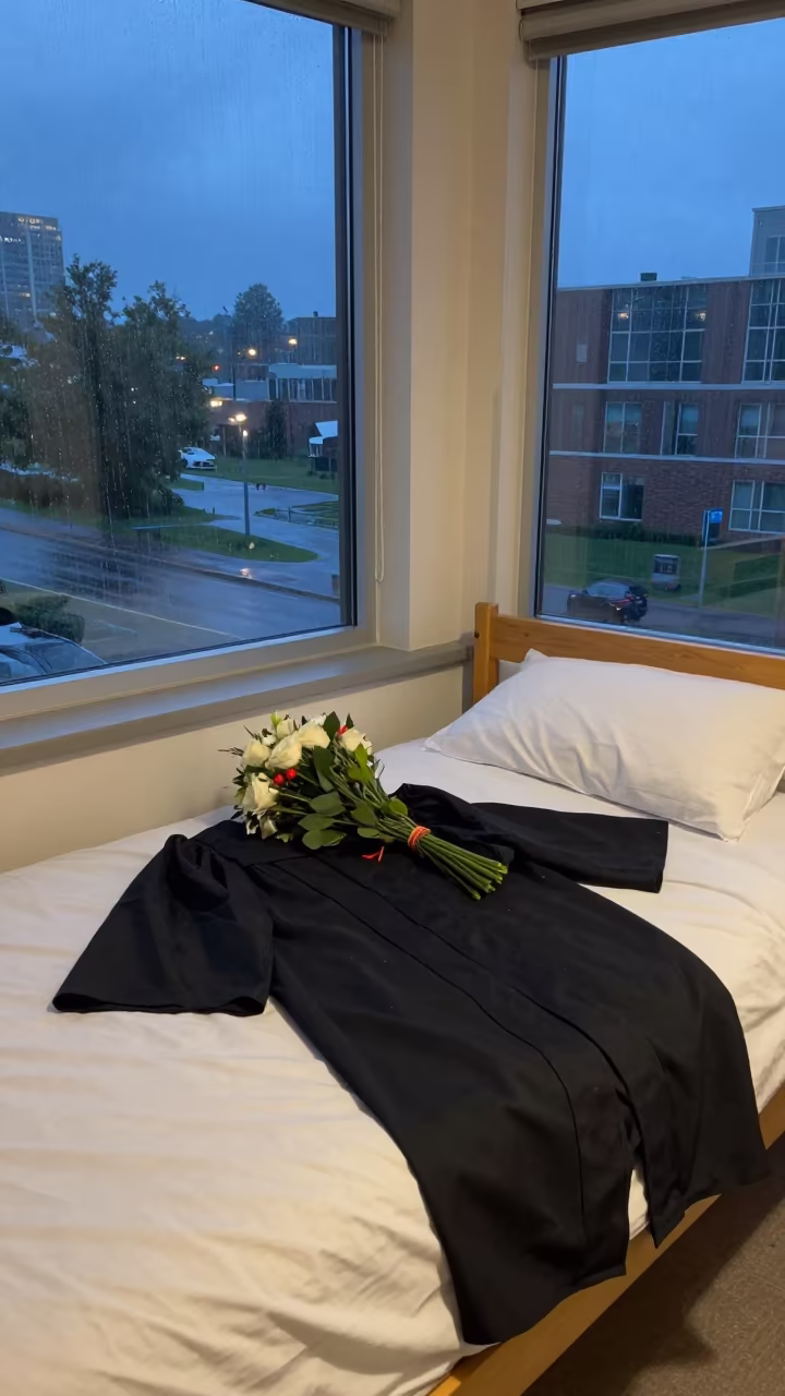 Graduation bouquet on dorm bed beside pressed robes in in a lecture hall before the crowd arrives in Mississauga