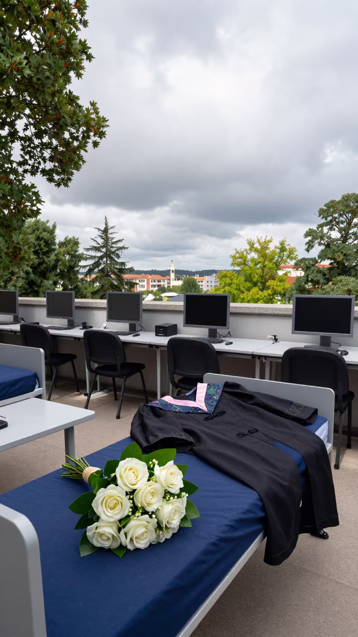 Graduation Bouquet on Dorm Bed in Sintra Computer Lab in in a computer lab before lessons in Sintra