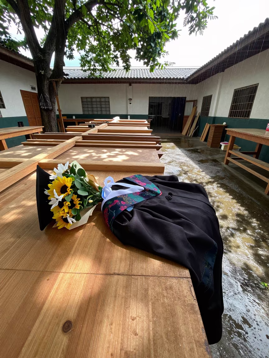 Graduation Bouquet on Woodshop Bench in Huancayo in in a woodshop classroom in Huancayo